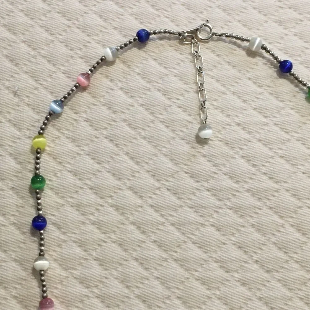 VTG Sterling Silver Multicolor Cats Eye Station Beaded Choker Necklace Extension